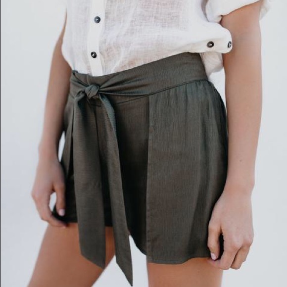 Olive Tie Front Shorts - Picture 2 of 8